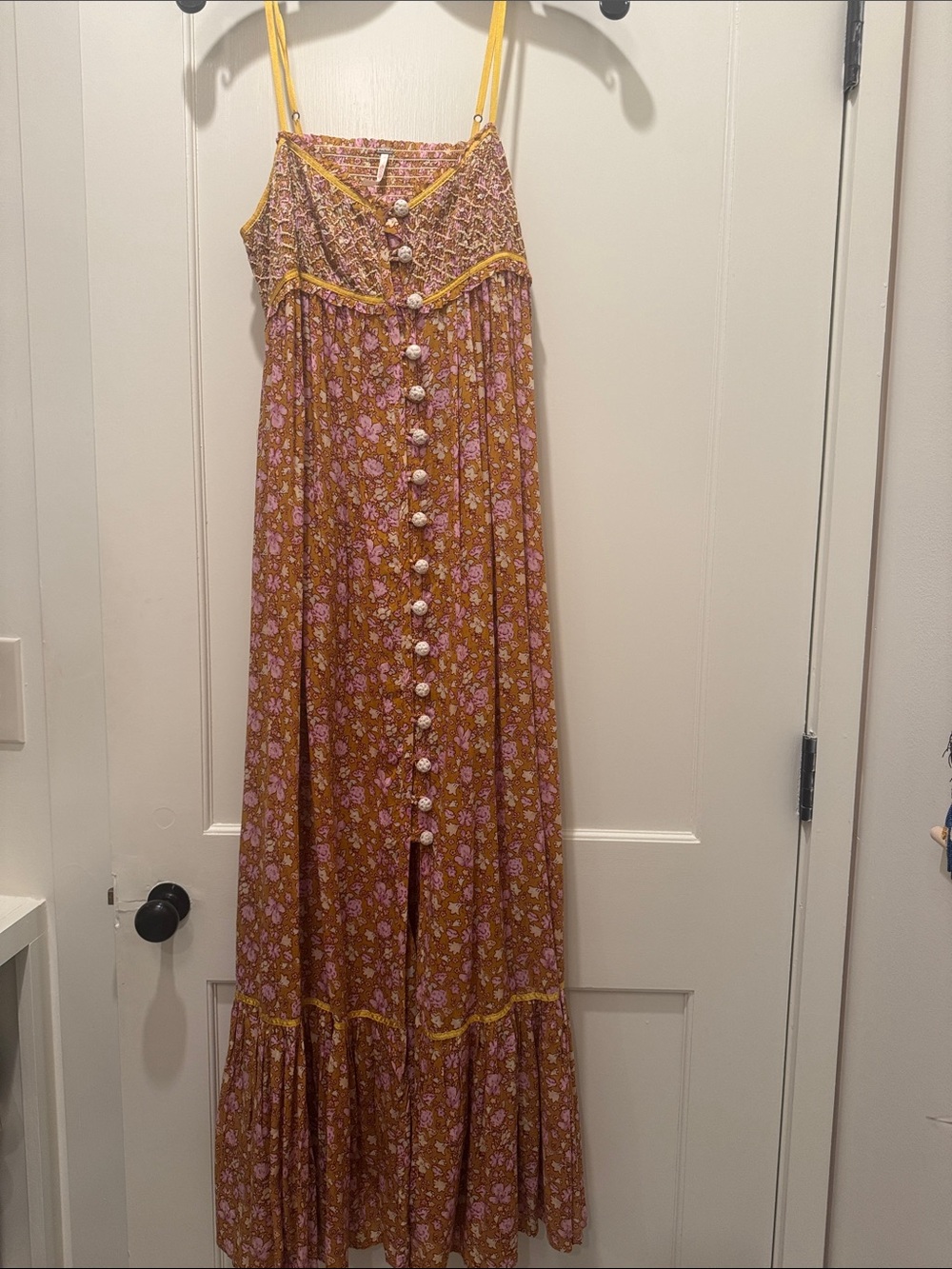 Free People Mustard Yellow Floral Maxi Dress with Pink Accents